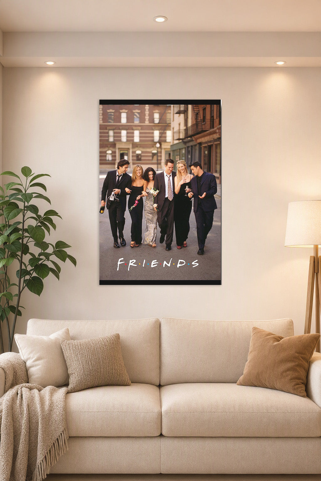 Friends TV Show Cast in a bright living room above a beige sofa.
