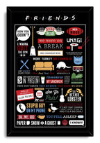 Friends framed wall art print in a black frame, with iconic sayings and colorful symbols including a couch, coffee cups, and lobster.