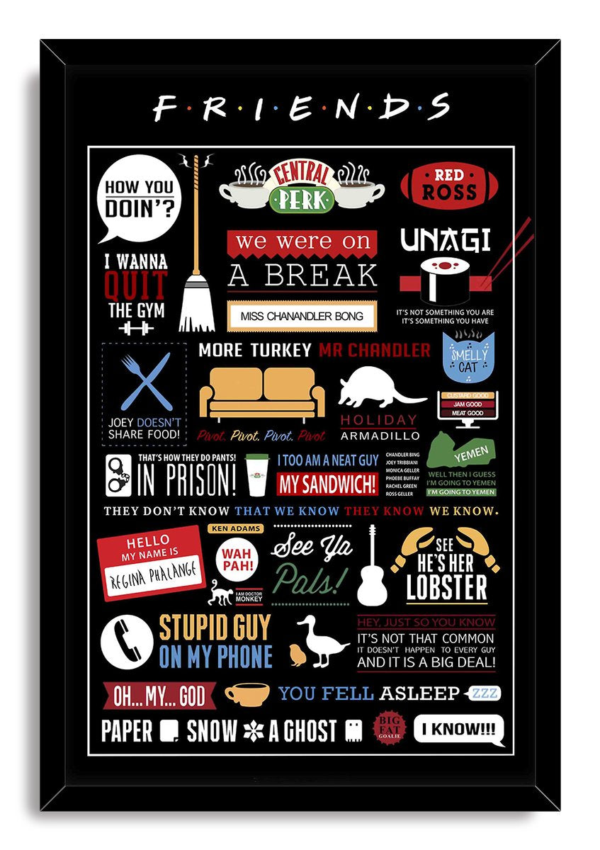 Friends framed wall art print in a black frame, with iconic sayings and colorful symbols including a couch, coffee cups, and lobster.