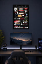 Friends TV Show Iconic Quotes and Symbols in a gaming desk setup above a monitor.
