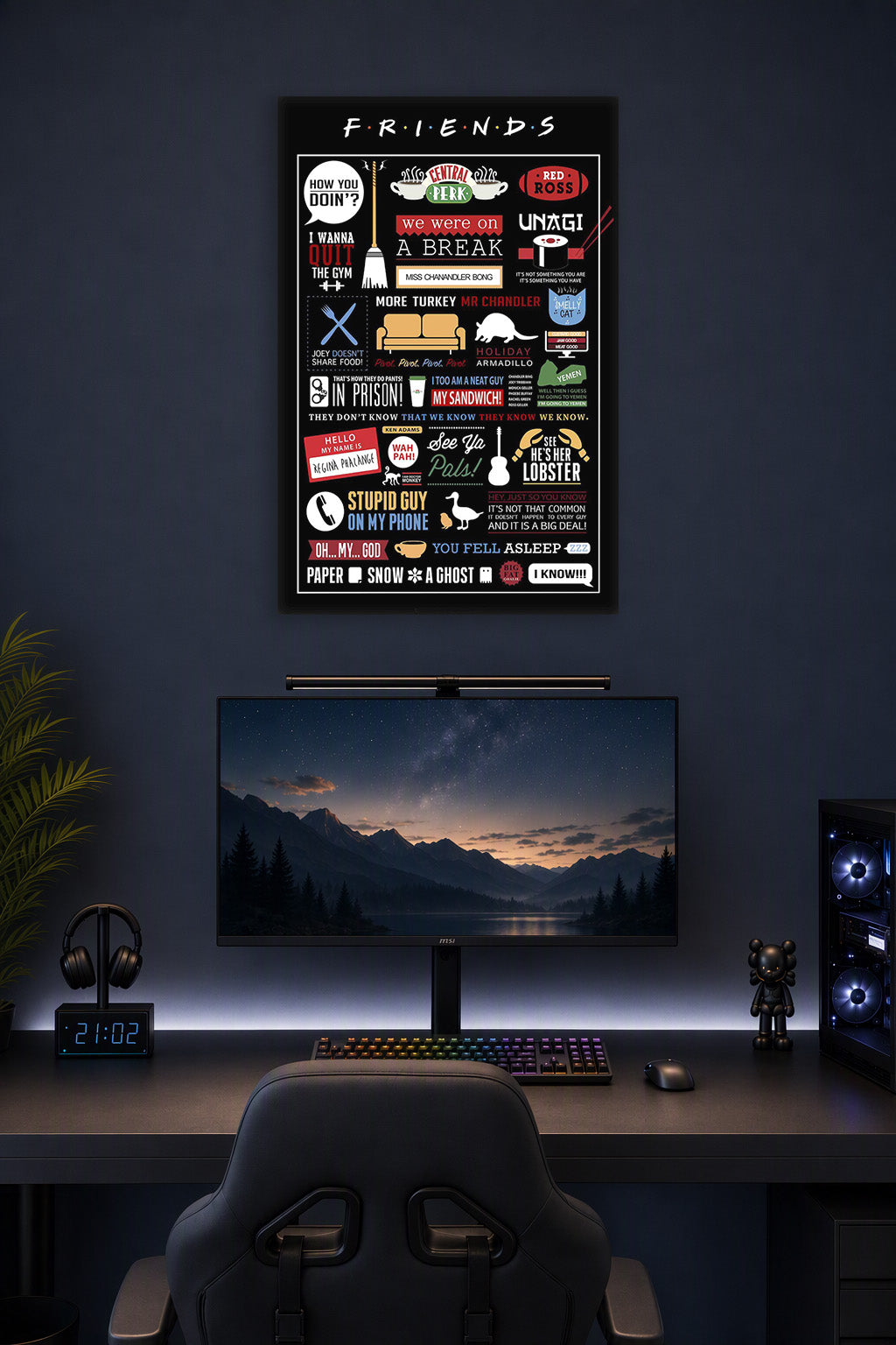 Friends TV Show Iconic Quotes and Symbols in a gaming desk setup above a monitor.