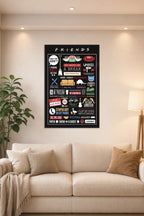 Friends TV Show Iconic Quotes and Symbols in a bright living room above a beige sofa.