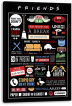 Friends wall art print presented on a thick black canvas, featuring Central Perk, Red Ross, Unagi, couch, and quote graphics.