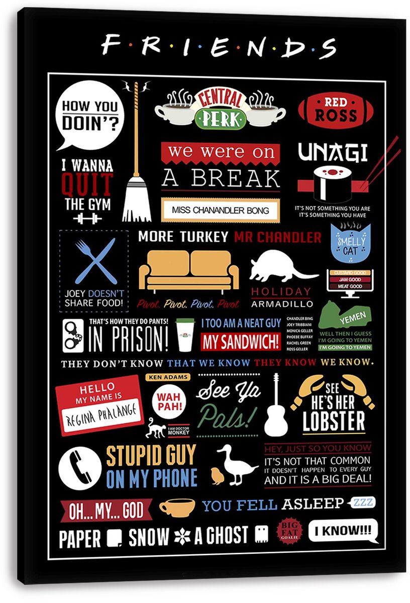 Friends wall art print presented on a thick black canvas, featuring Central Perk, Red Ross, Unagi, couch, and quote graphics.