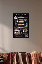 Friends TV Show Quotes & Symbols in a cozy movie room above a brown sofa with popcorn.