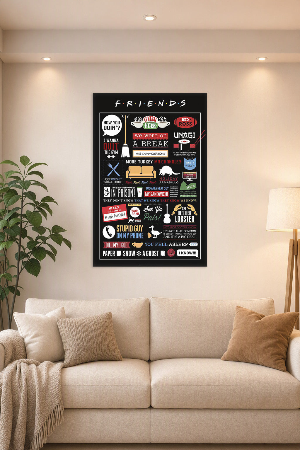 Friends TV Show Quotes & Symbols in a bright living room above a beige sofa.