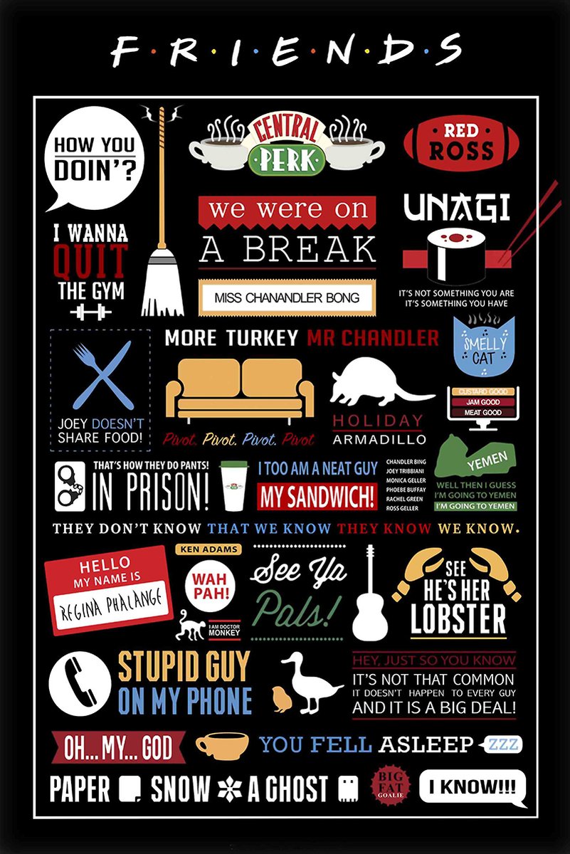 Friends poster wall art print on black with colorful quotes, Central Perk logo, couch, lobster, turkey, and coffee cup icons.