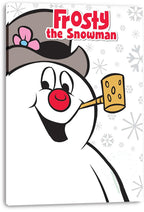 Frosty the Snowman canvas wall art print features red title lettering, a cheerful snowman, flowered hat, yellow pipe, and snowflakes.