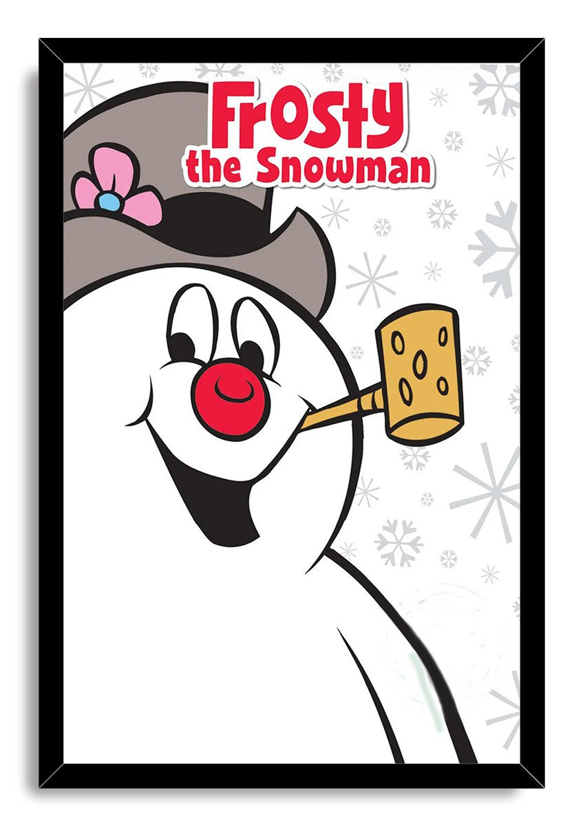 Framed Frosty the Snowman wall art print features a smiling snowman with a red nose, gray hat, yellow pipe, and scattered snowflakes.