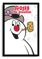 Framed Frosty the Snowman wall art print features a smiling snowman with a red nose, gray hat, yellow pipe, and scattered snowflakes.