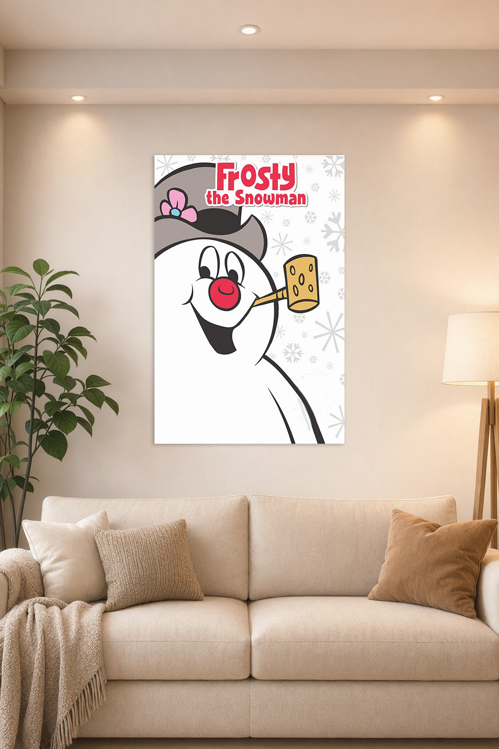 Frosty the Snowman in a bright living room above a beige sofa.