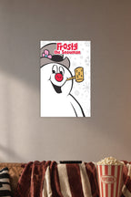 Frosty the Snowman in a cozy movie room above a brown sofa with popcorn.