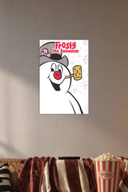 Frosty the Snowman in a cozy movie room above a brown sofa with popcorn.