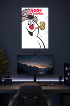 Frosty the Snowman in a gaming desk setup above a monitor.