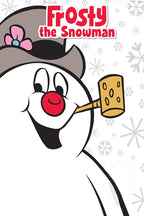 Frosty the Snowman wall art print features the smiling snowman in a flowered gray hat with a yellow corncob pipe and gray snowflakes.