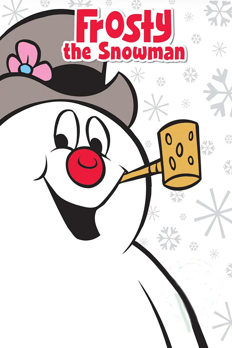 Frosty the Snowman wall art print features the smiling snowman in a flowered gray hat with a yellow corncob pipe and gray snowflakes.