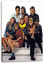Full House cast canvas wall art print displays the group portrait on white steps, with a visible wrapped canvas edge.