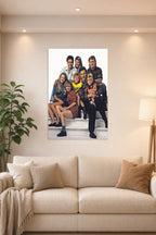 Full House Cast Family in a bright living room above a beige sofa.