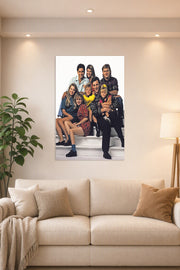 Full House Cast Family in a bright living room above a beige sofa.
