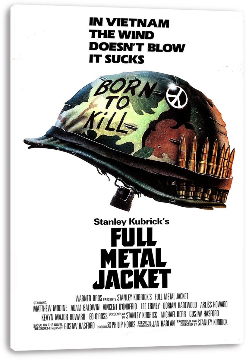 Full Metal Jacket movie poster canvas with a white gallery-wrapped edge, featuring a camo helmet, peace symbol, ammunition belt, and black typography.