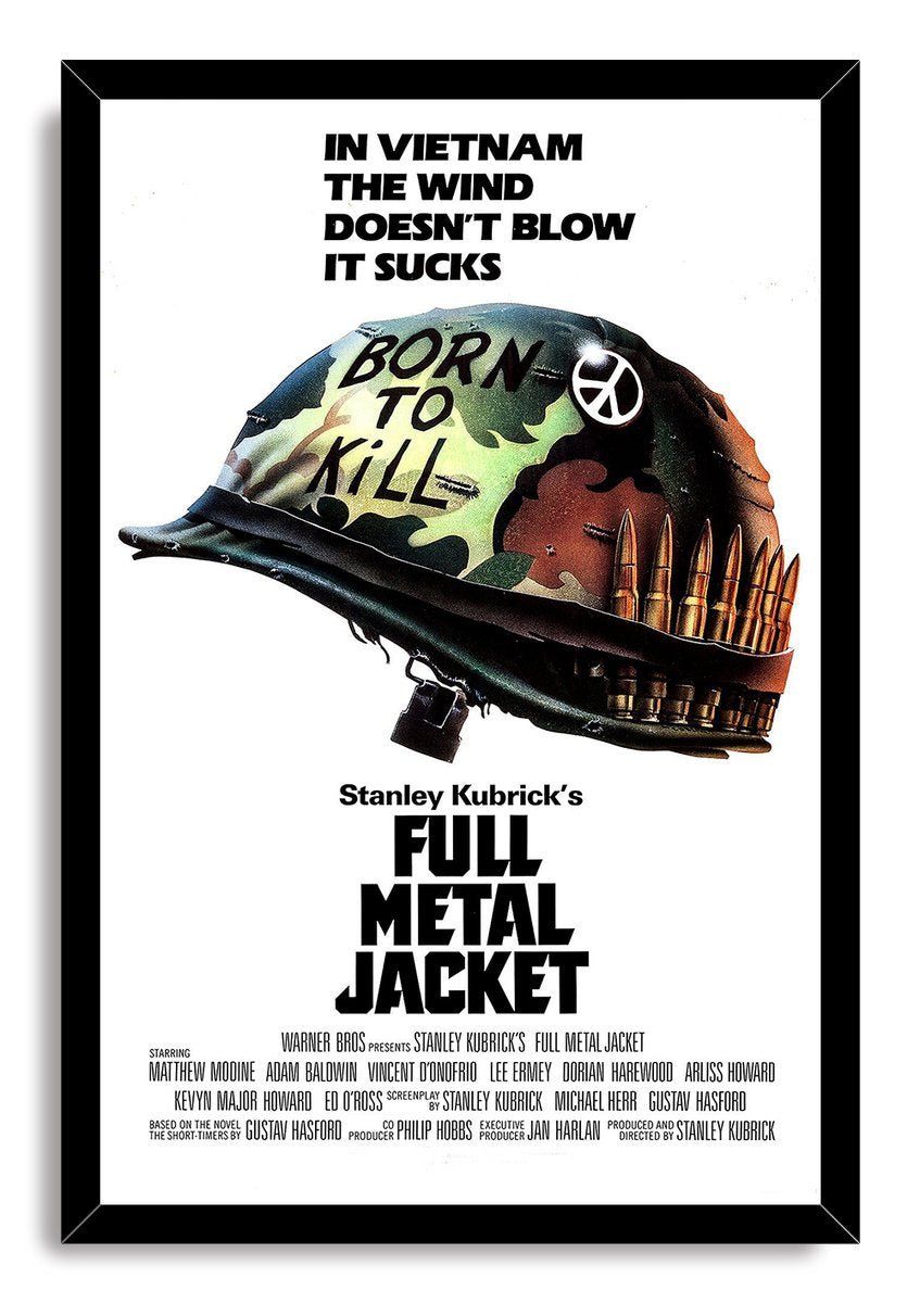 Full Metal Jacket framed wall art print with black border, camouflage helmet, bullet belt, peace symbol, and movie credits.