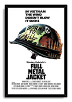Full Metal Jacket framed wall art print featuring the iconic Born to Kill camouflage helmet, peace sign, cartridge belt, and white-black movie poster design.