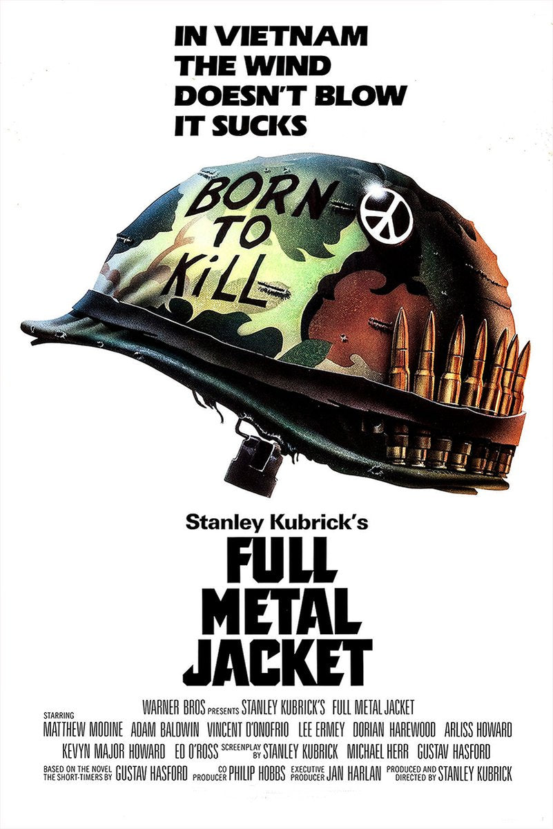 Full Metal Jacket movie poster wall art print with a camouflaged helmet, Born to Kill lettering, peace symbol, bullets, and bold black title text.