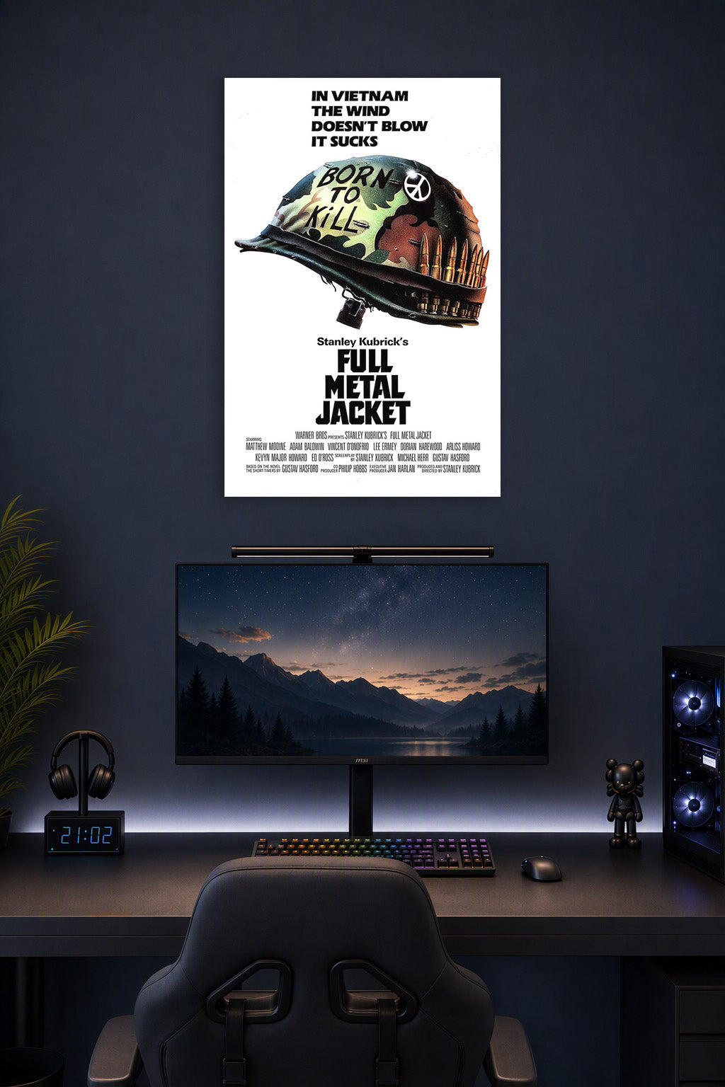 Full Metal Jacket Movie Poster in a gaming desk setup above a monitor.