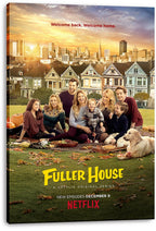 Fuller House canvas wall art print displays the cast picnicking on autumn grass before colorful Victorian houses and skyline.
