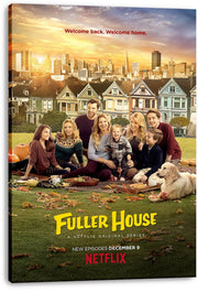 Fuller House canvas wall art print displays the cast picnicking on autumn grass before colorful Victorian houses and skyline.