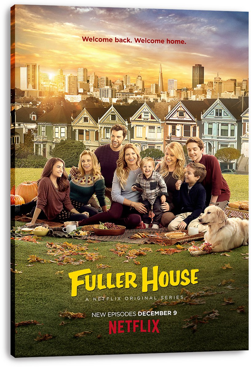 Fuller House canvas wall art print displays the cast picnicking on autumn grass before colorful Victorian houses and skyline.
