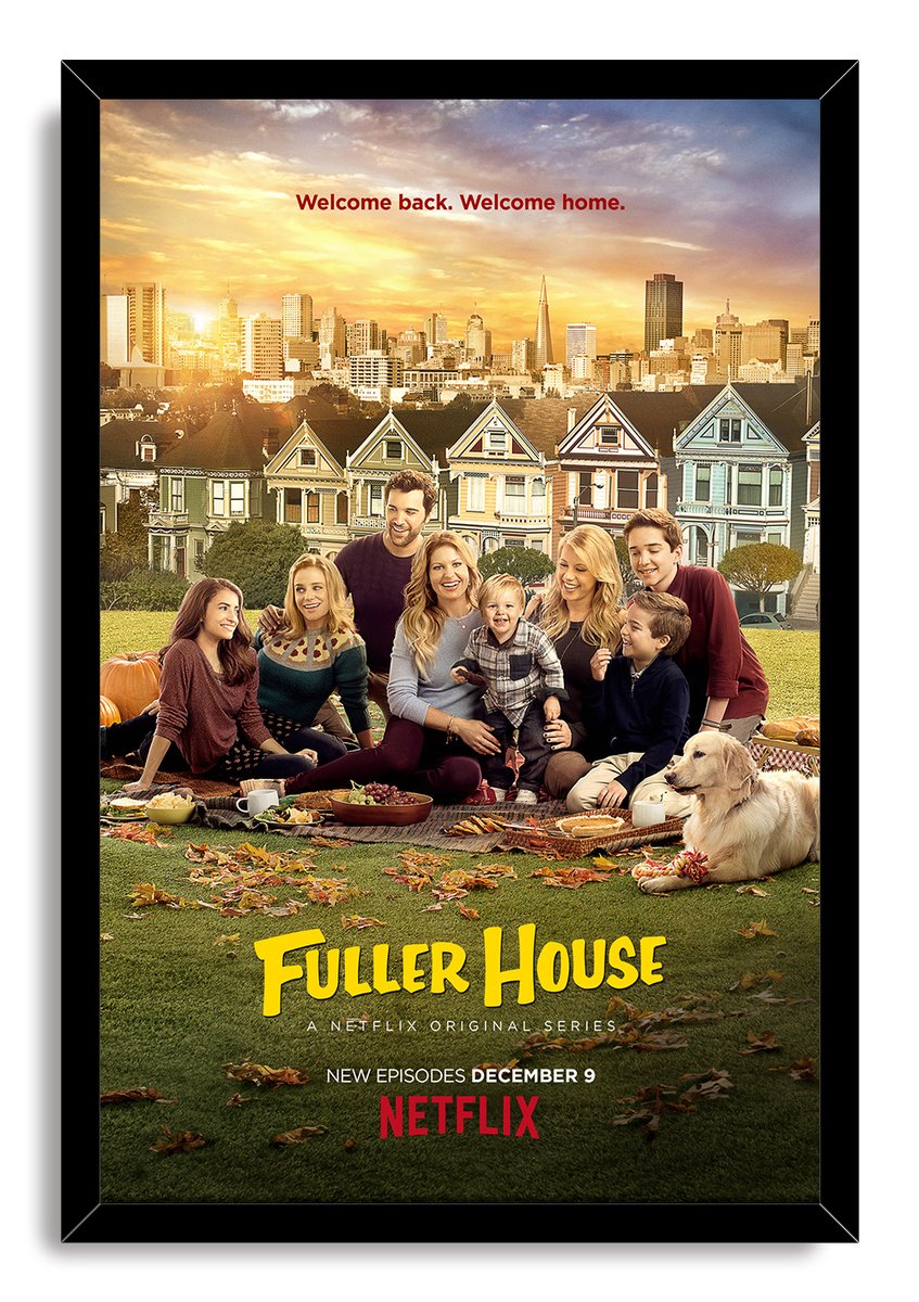 Fuller House framed wall art print presents the cast, dog, picnic food, Painted Ladies, and golden city sunset.
