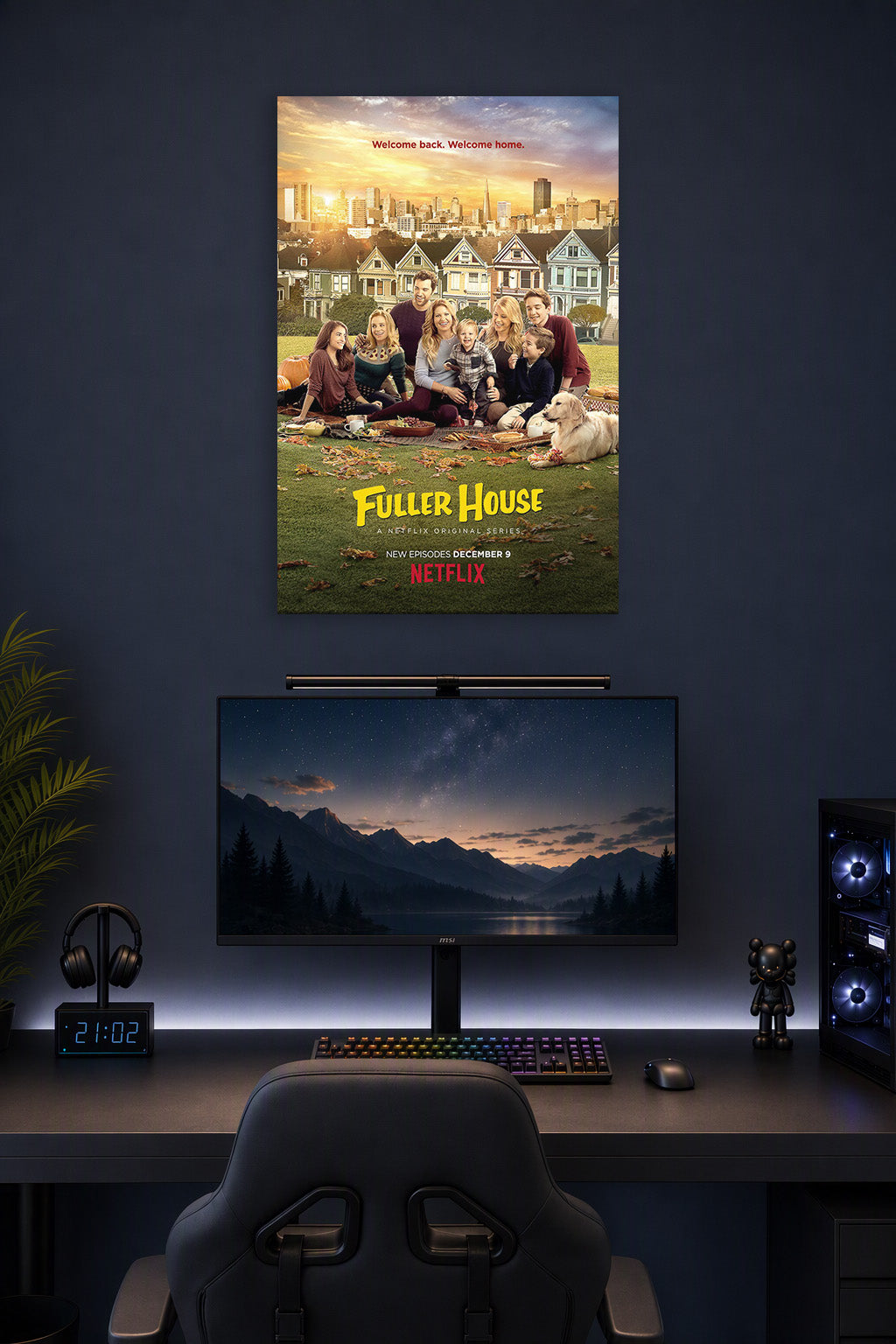 Fuller House Family Cast in a gaming desk setup above a monitor.