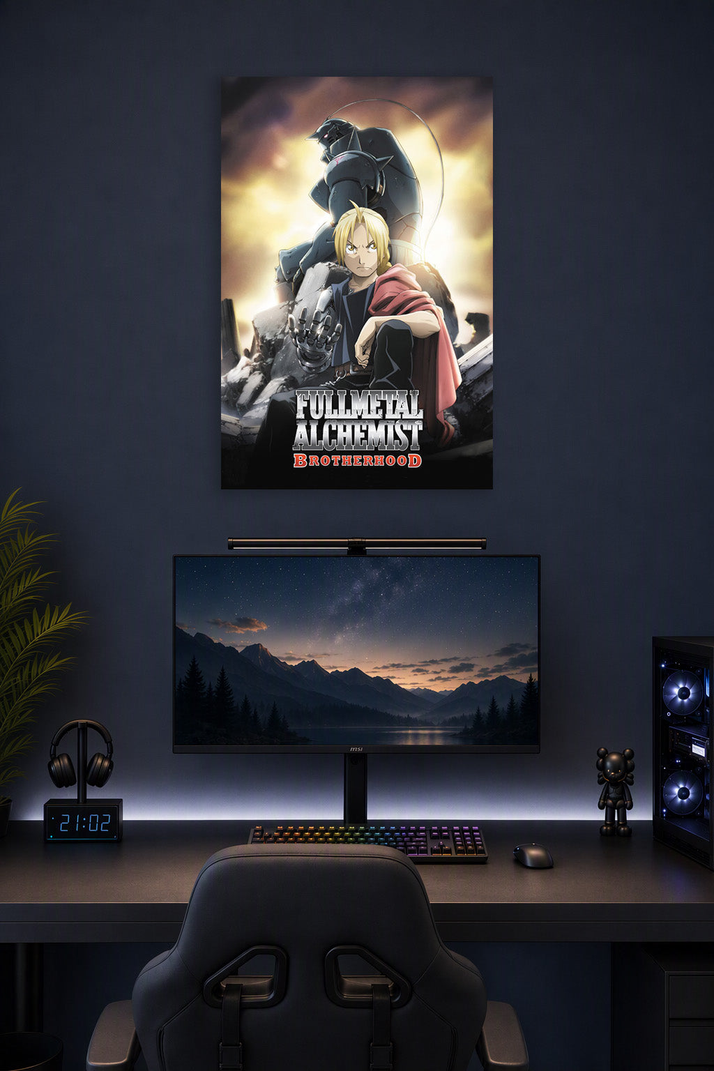 Fullmetal Alchemist Brotherhood in a gaming desk setup above a monitor.