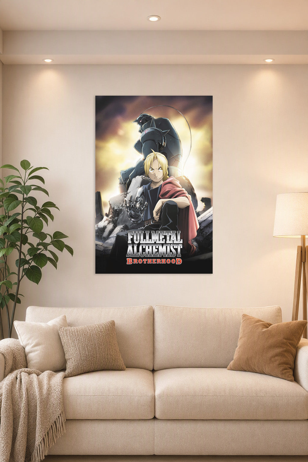 Fullmetal Alchemist Brotherhood in a bright living room above a beige sofa.