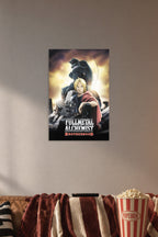 Fullmetal Alchemist Brotherhood in a cozy movie room above a brown sofa with popcorn.