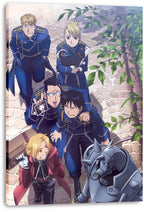 Fullmetal Alchemist canvas print featuring Edward with a suitcase, armored Alphonse, and military friends beneath leafy branches.
