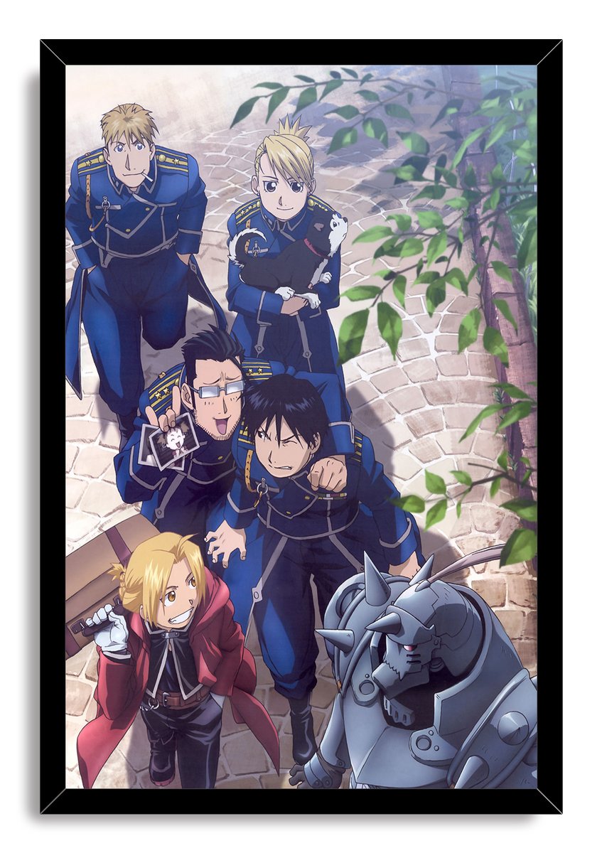 Fullmetal Alchemist framed wall art print of Edward, Alphonse, and uniformed companions looking upward on a cobbled street.