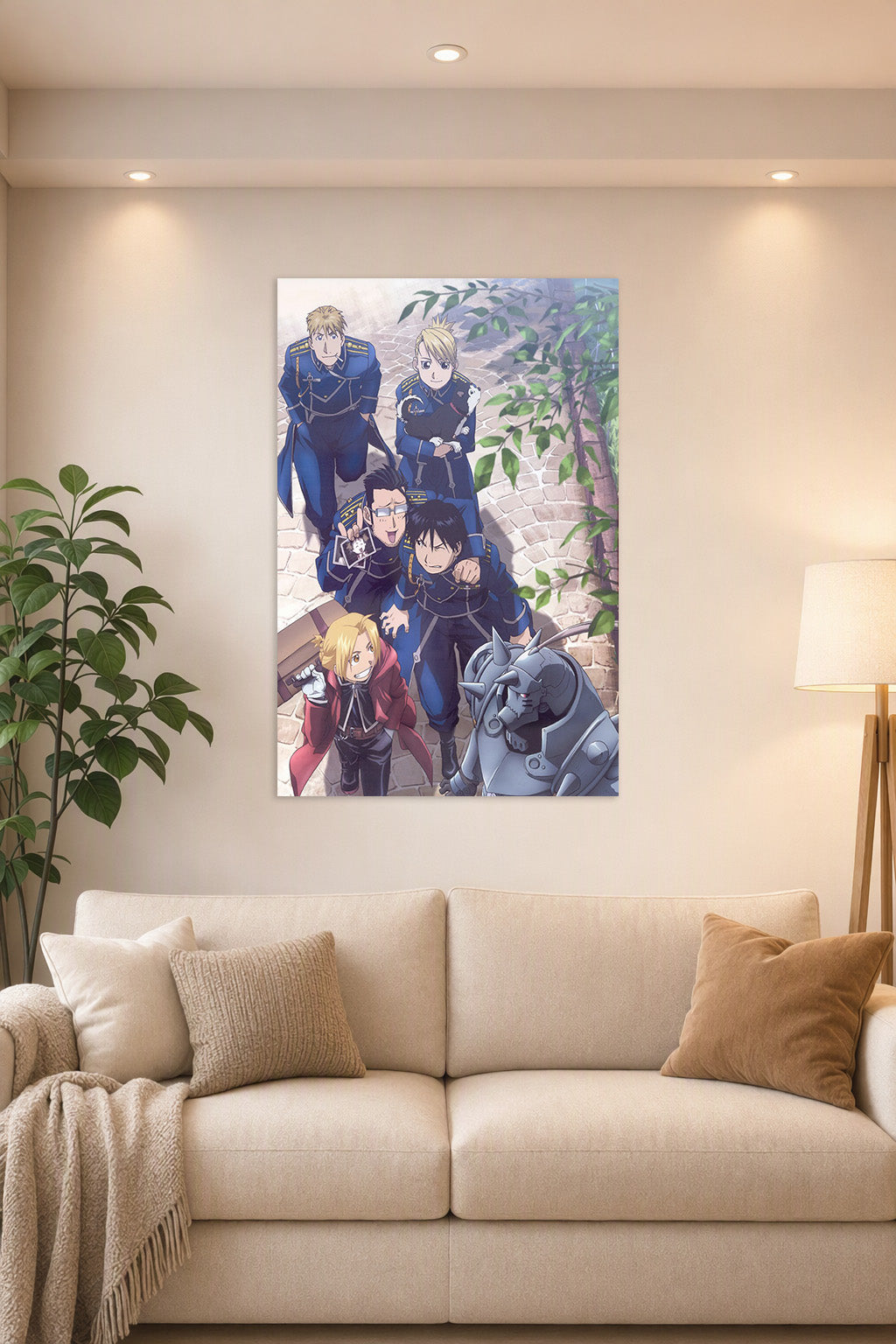 Fullmetal Alchemist Characters in a bright living room above a beige sofa.
