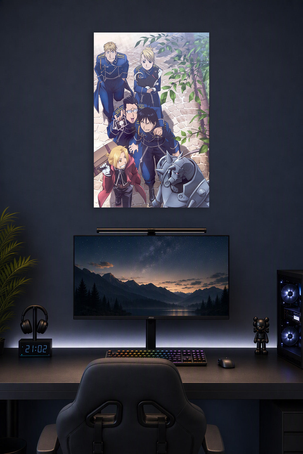 Fullmetal Alchemist Characters in a gaming desk setup above a monitor.