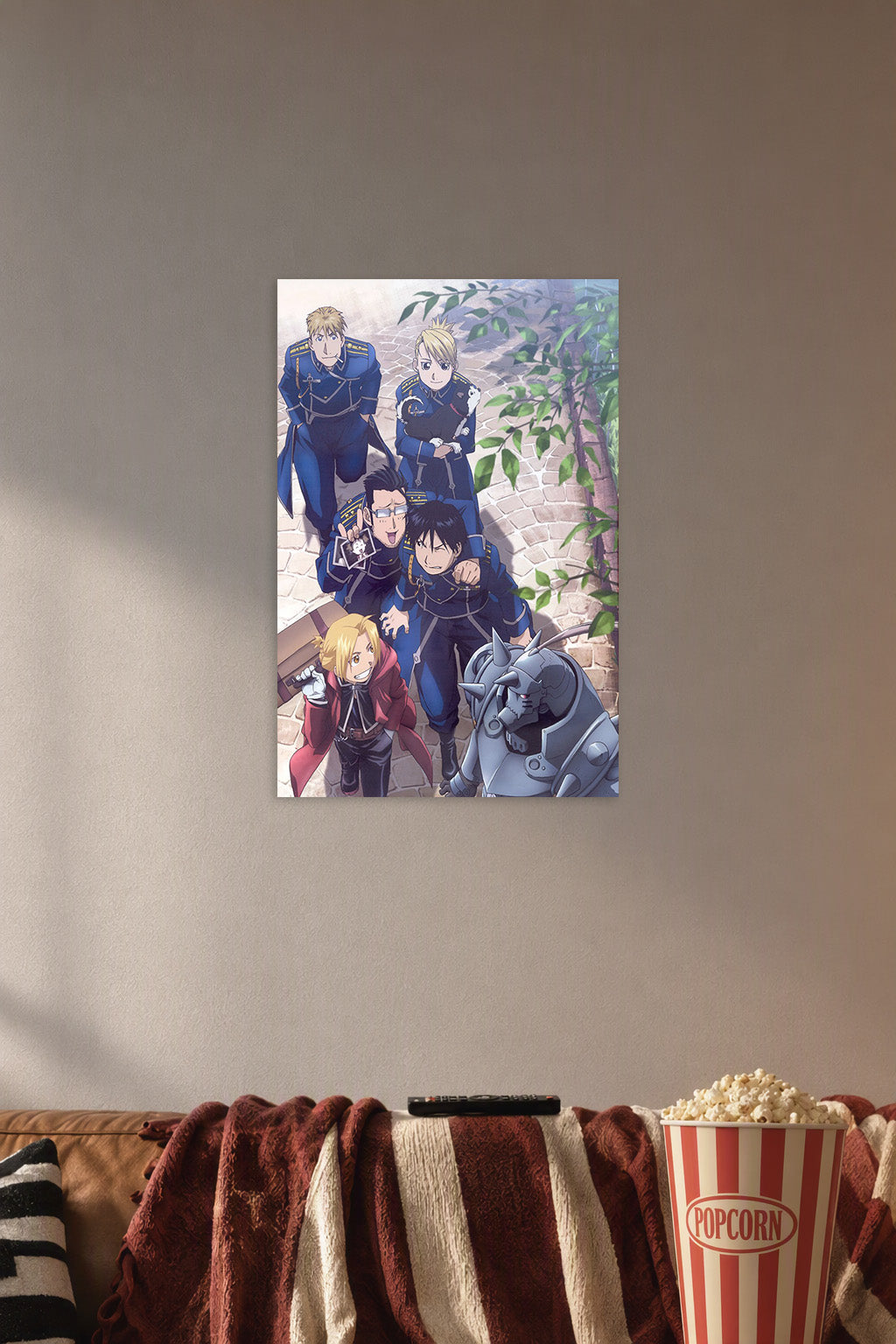 Fullmetal Alchemist Characters in a cozy movie room above a brown sofa with popcorn.