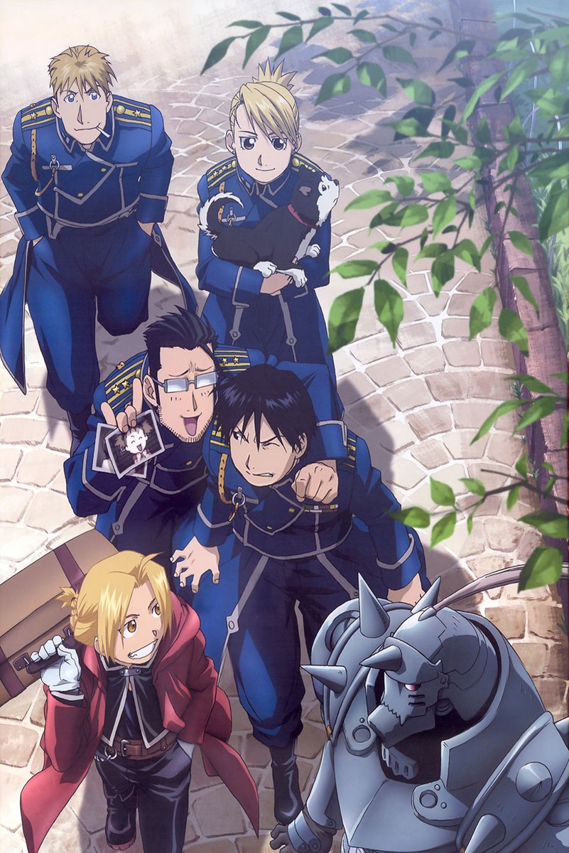 Fullmetal Alchemist character poster with Edward, Alphonse, and blue-uniformed allies on a sunlit cobblestone path.