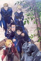Fullmetal Alchemist character poster with Edward, Alphonse, and blue-uniformed allies on a sunlit cobblestone path.