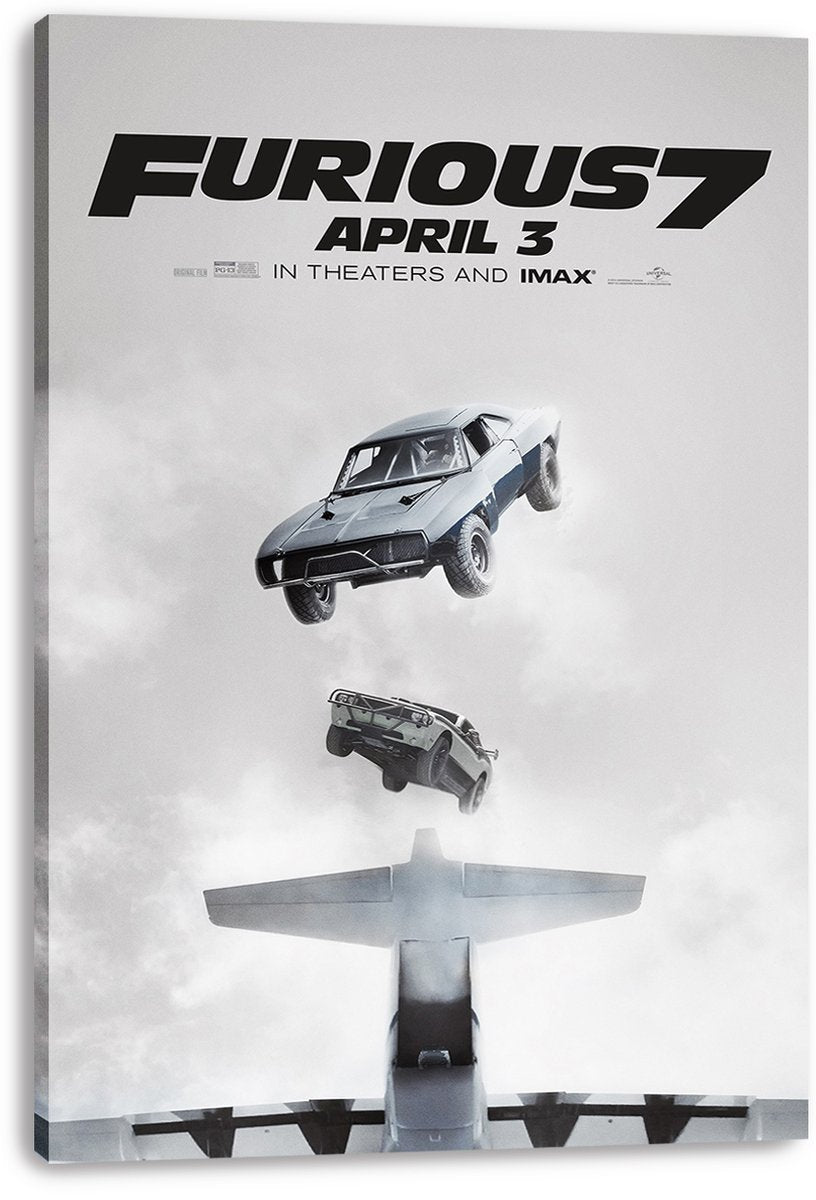 Furious 7 canvas wall art print displays two airborne cars over an airplane tail in misty gray clouds and bold black title text.