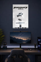 Furious 7 Movie Poster Cars Falling in a gaming desk setup above a monitor.