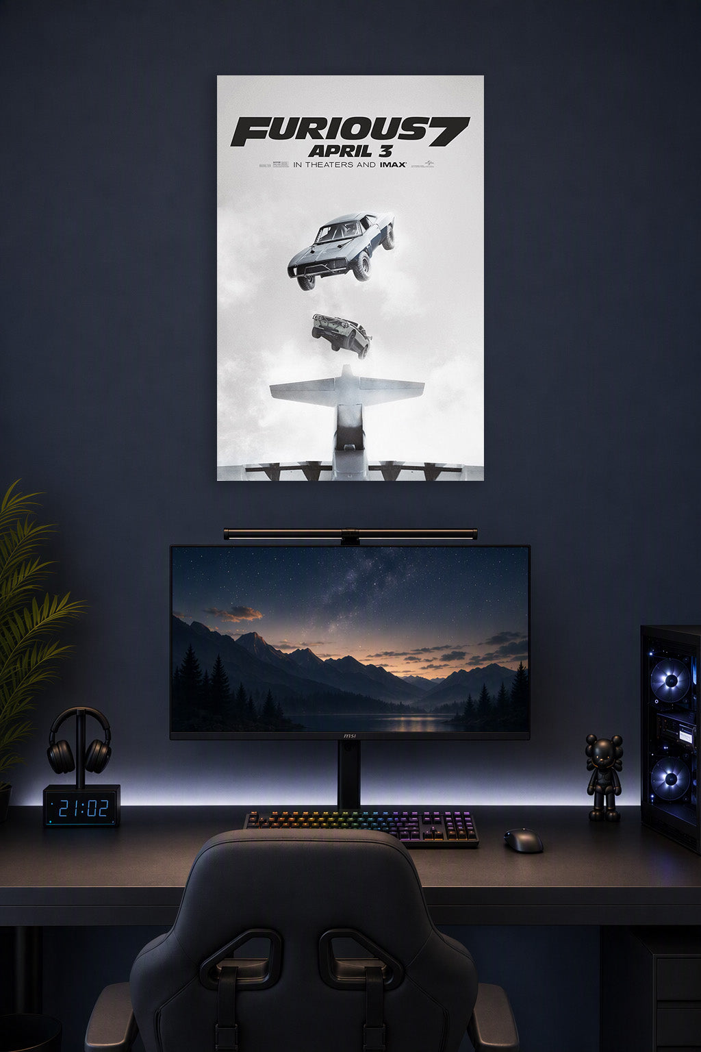 Furious 7 Movie Poster Cars Falling in a gaming desk setup above a monitor.