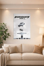 Furious 7 Movie Poster Cars Falling in a bright living room above a beige sofa.