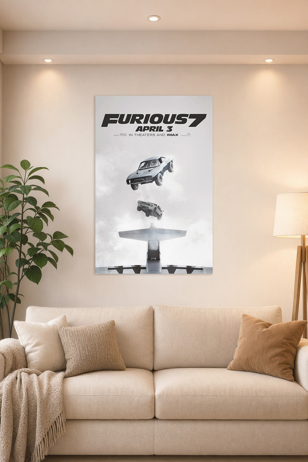 Furious 7 Movie Poster Cars Falling in a bright living room above a beige sofa.