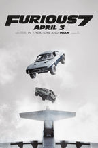 Furious 7 poster features two cars falling above an airplane tail through a pale gray cloudy sky, with April 3 text.