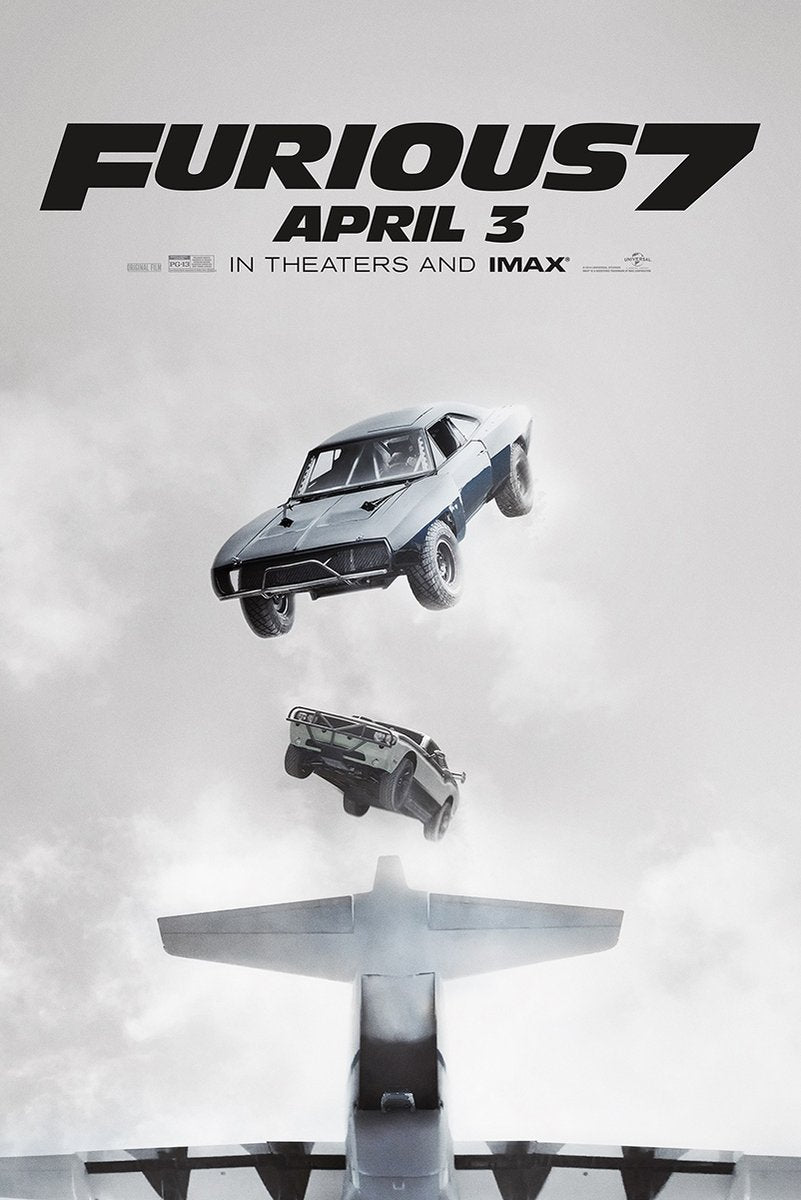Furious 7 poster features two cars falling above an airplane tail through a pale gray cloudy sky, with April 3 text.